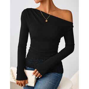 Women Black Long Sleeve Off Shoulder Tops Casual Boat Neck Lace Shirts Blouses